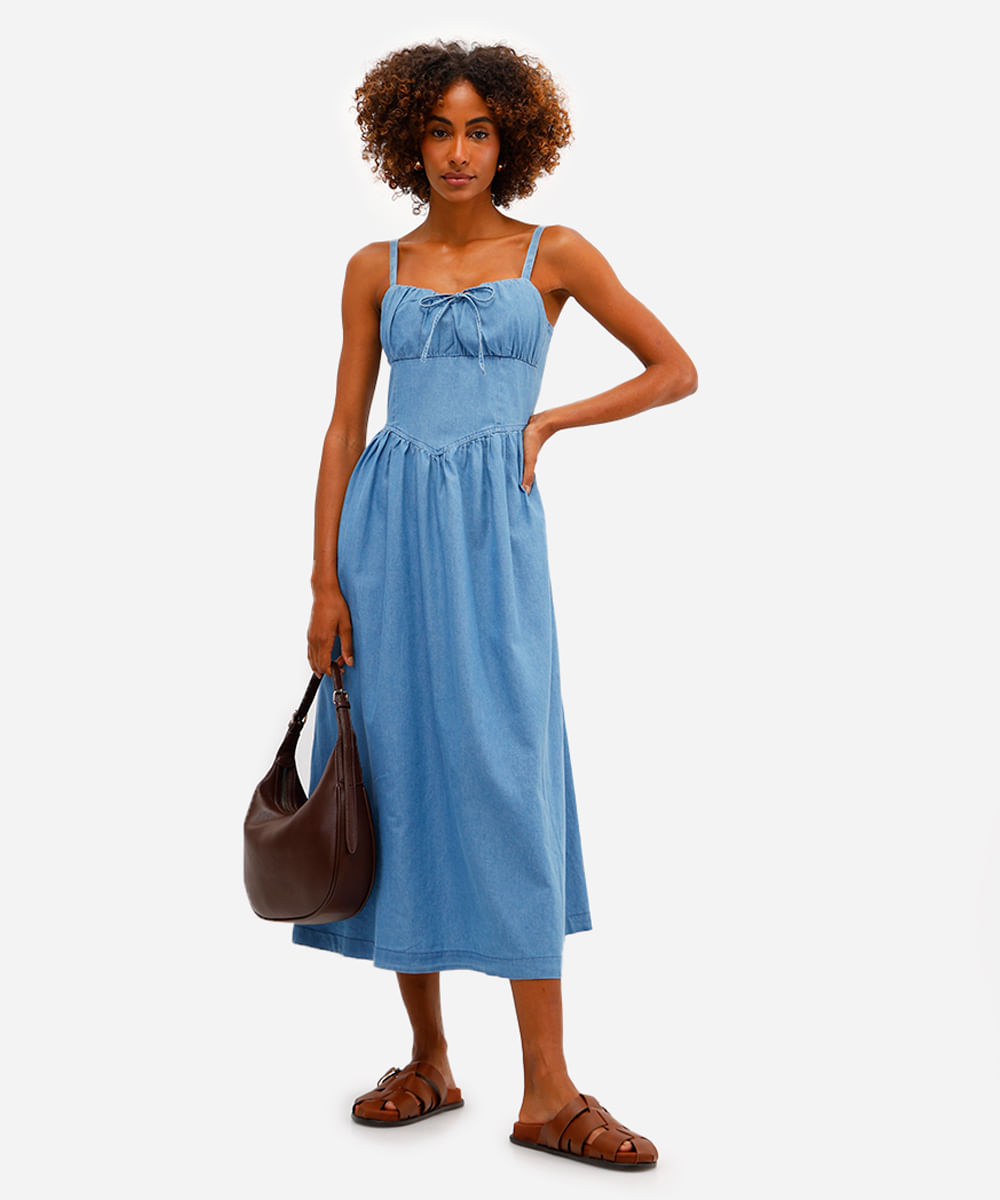 vestido midi feminino jeans com bolsos  azul