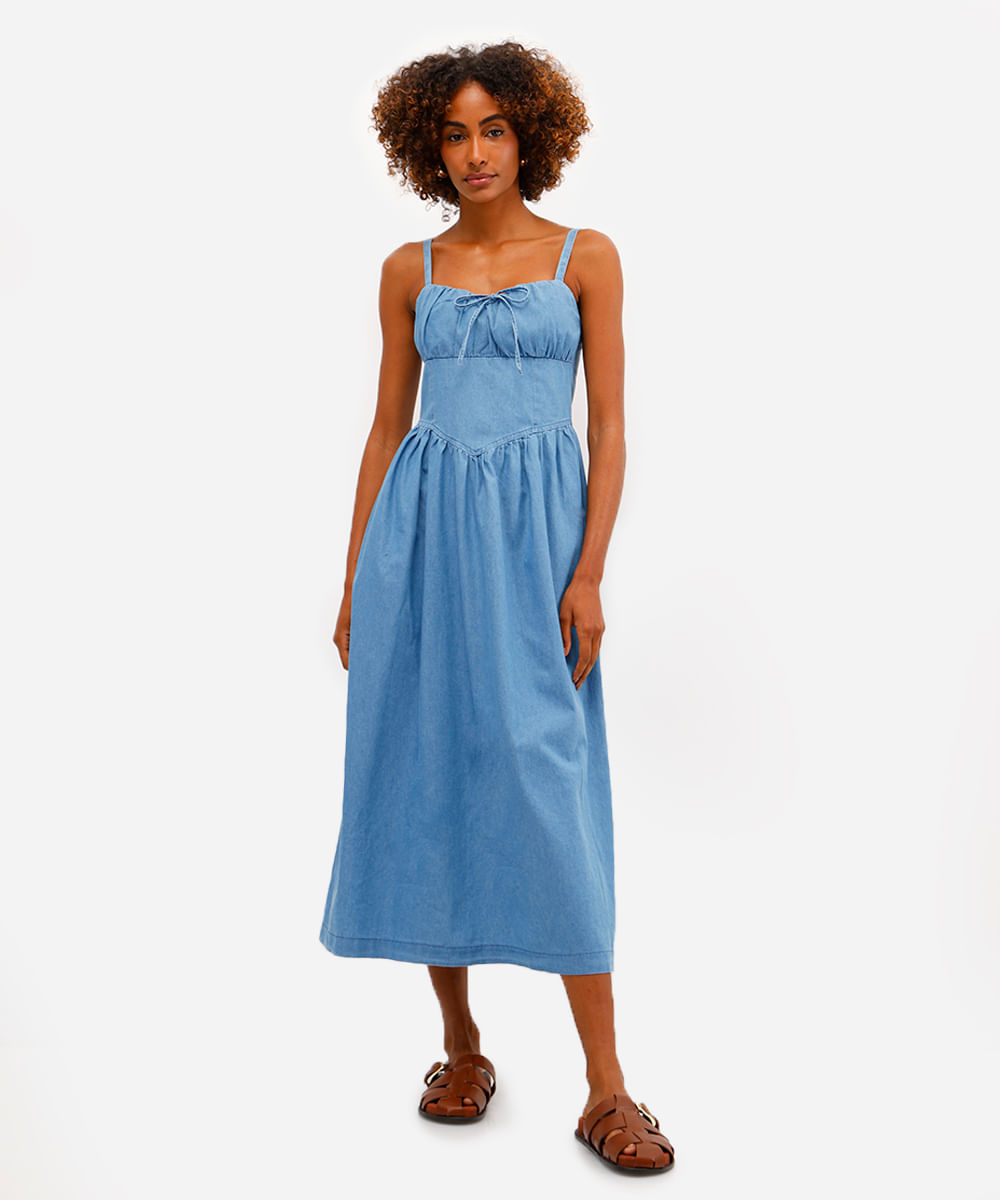 vestido midi feminino jeans com bolsos  azul