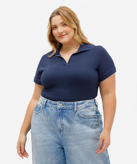 polo feminina canelada manga curta plus size azul