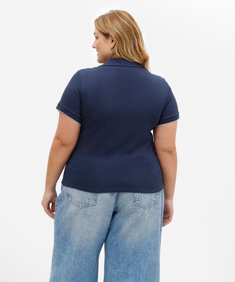 polo feminina canelada manga curta plus size azul
