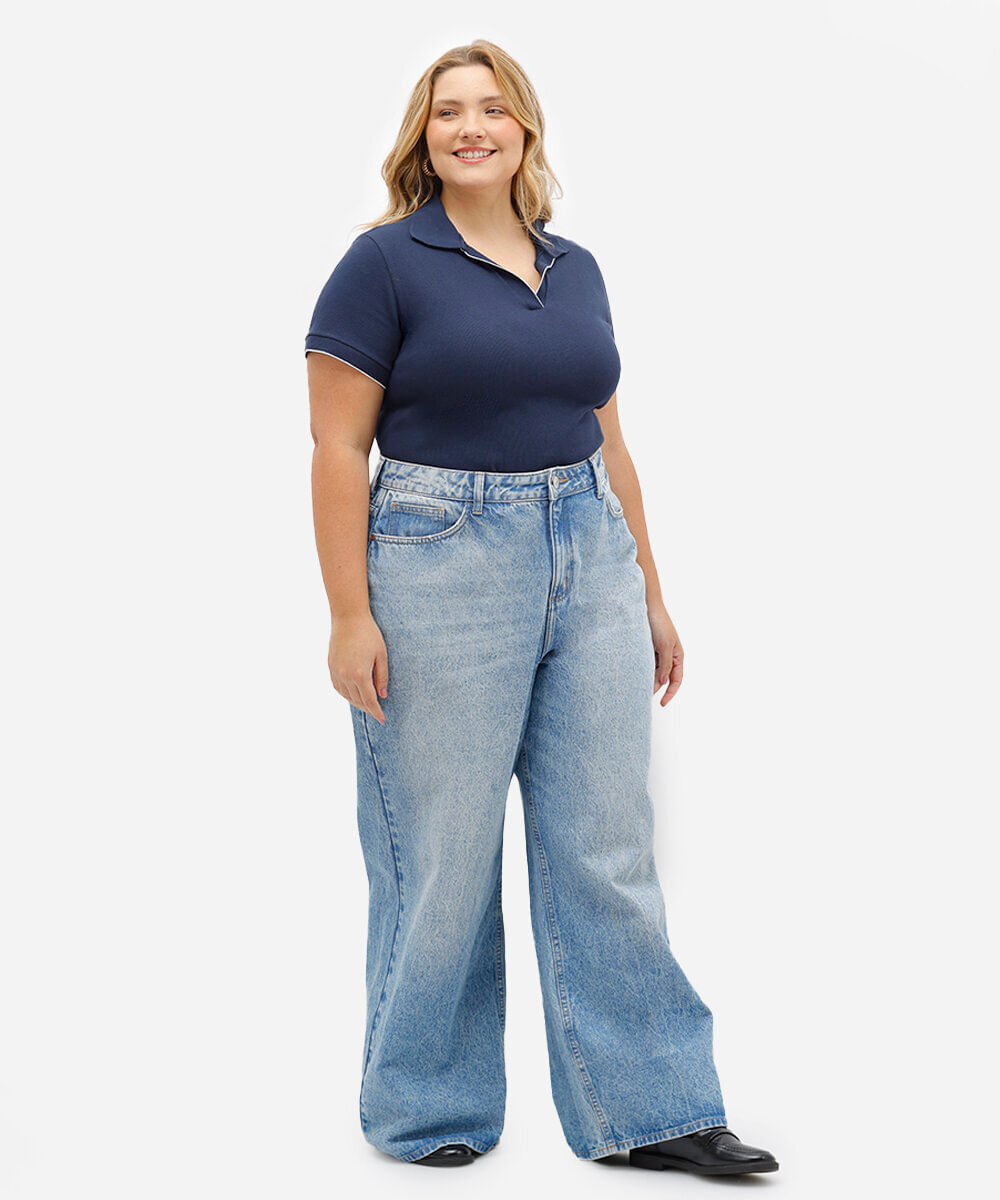 polo feminina canelada manga curta plus size azul