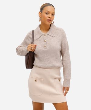 suéter feminino de tricot com gola manga longa bege