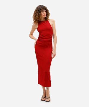 vestido midi feminino halterneck texturizado vinho