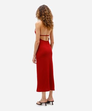 vestido midi feminino halterneck texturizado vinho