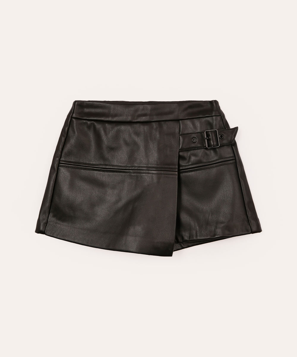 short saia de poliuretano infantil com fivela preto