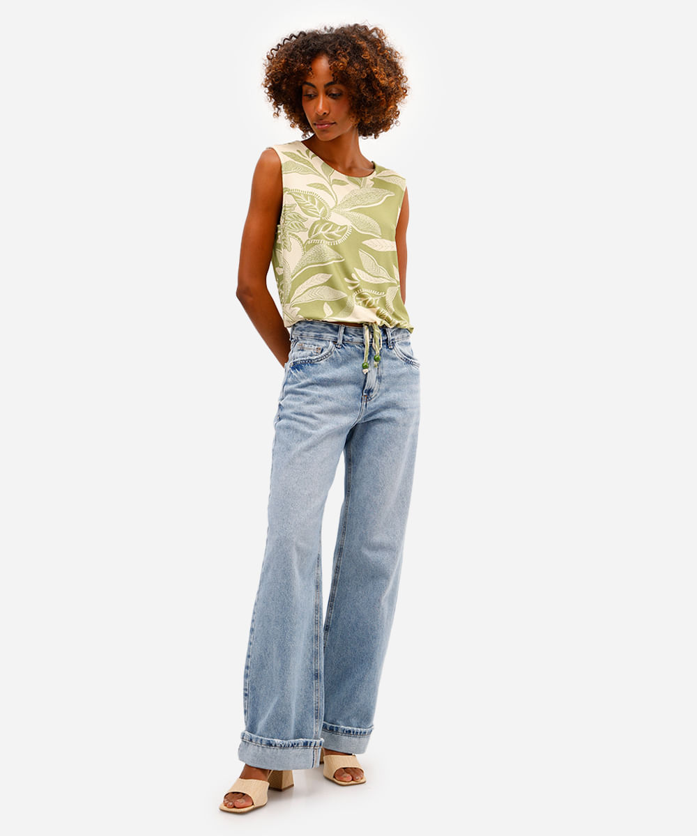 regata feminina de viscose com amarração folhagens  verde