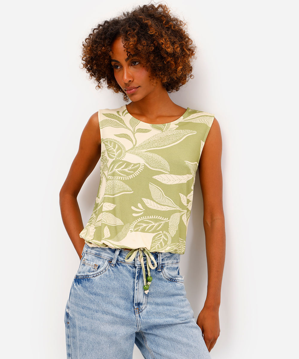 regata feminina de viscose com amarração folhagens  verde