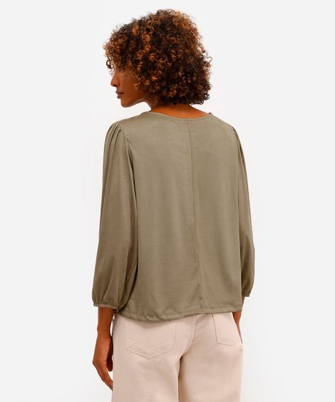 blusa feminina de suede decote v bordado floral verde