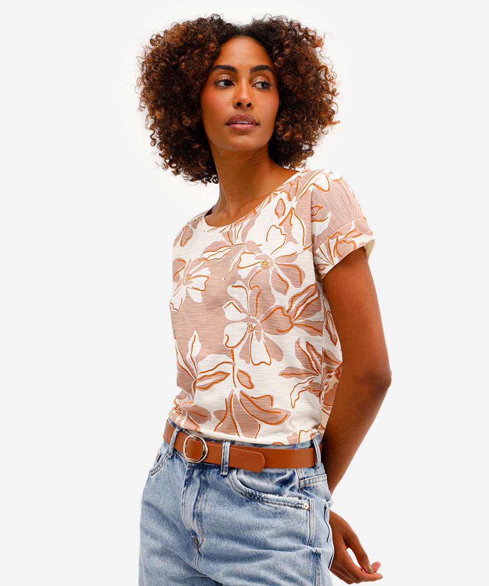 blusa feminina de algodão manga curta floral bege
