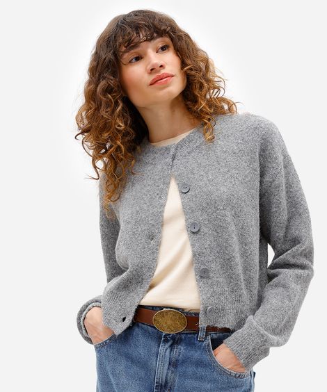 cardigan cropped feminino de tricot com lã texturizado cinza