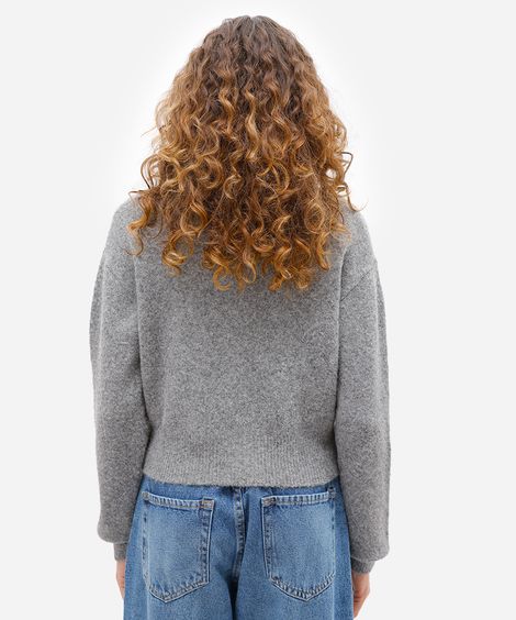 cardigan cropped feminino de tricot com lã texturizado cinza