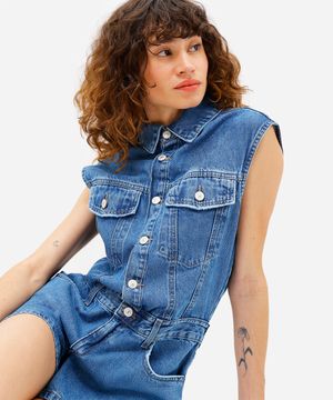 macaquinho feminino jeans com fendas azul