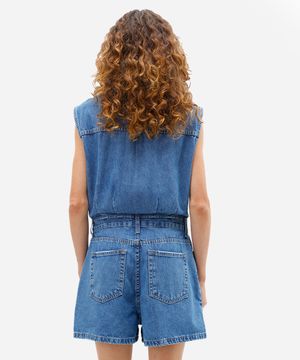 macaquinho feminino jeans com fendas azul