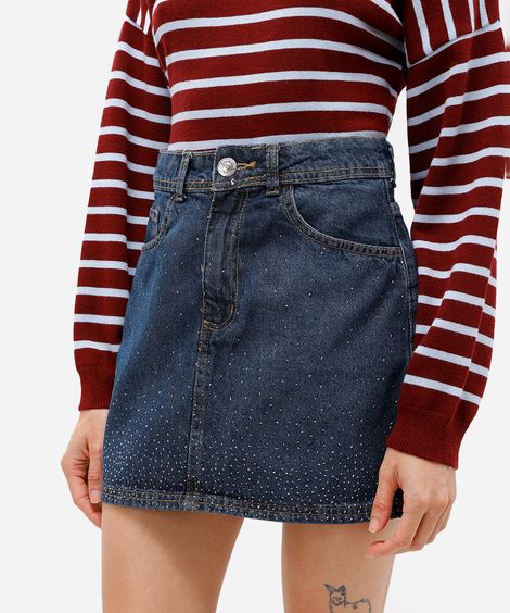 saia curta feminina jeans com brilhos azul