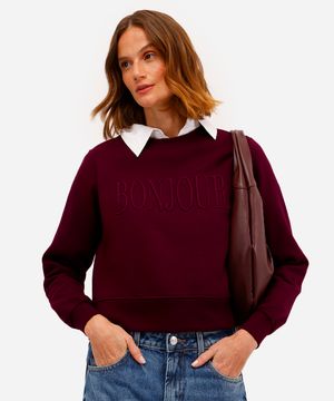 blusão feminino de moletom felpado cropped bonjour vinho