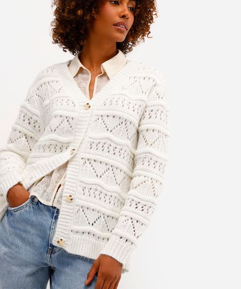cardigan feminino de tricot texturizado off white