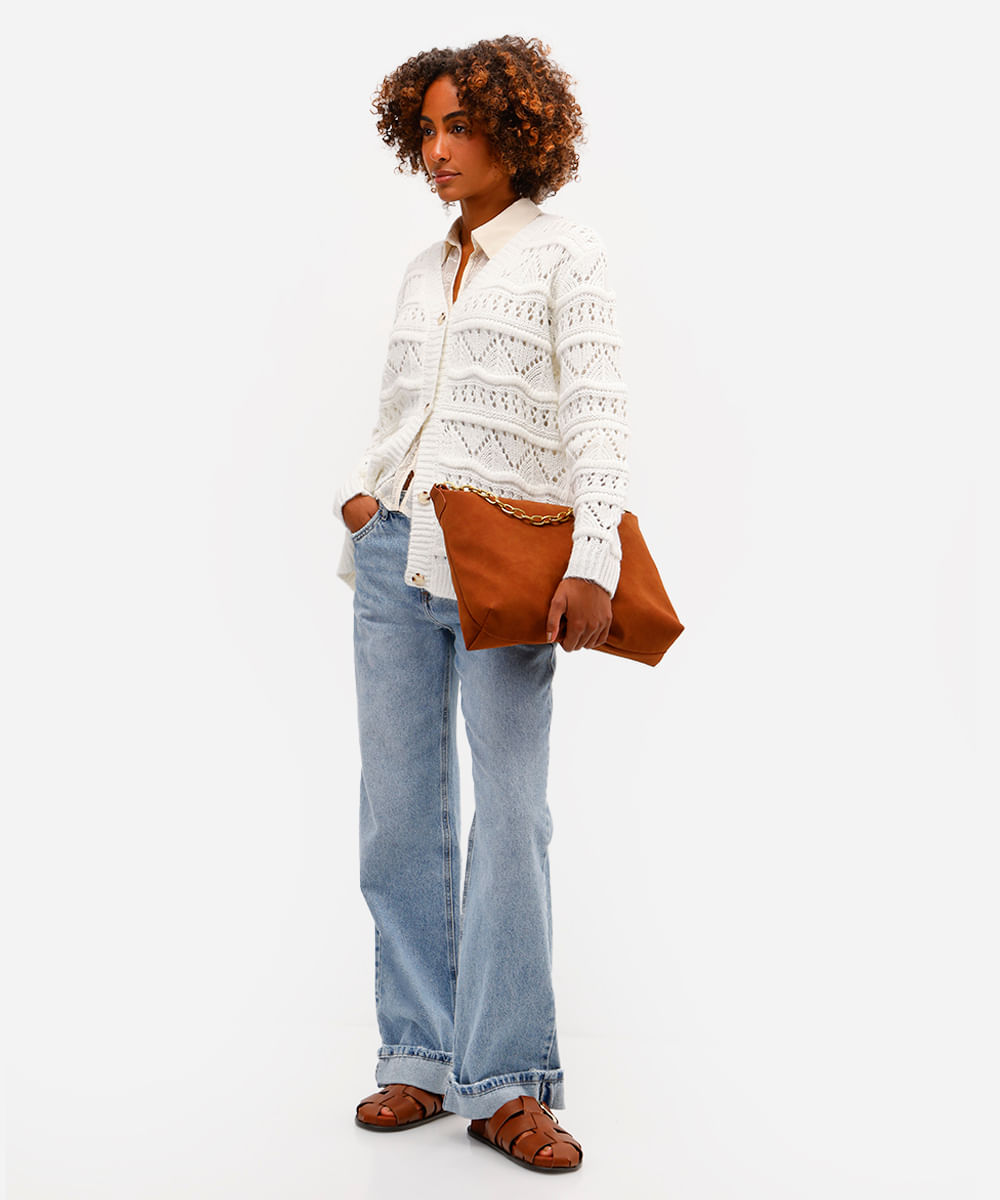 cardigan feminino de tricot texturizado off white