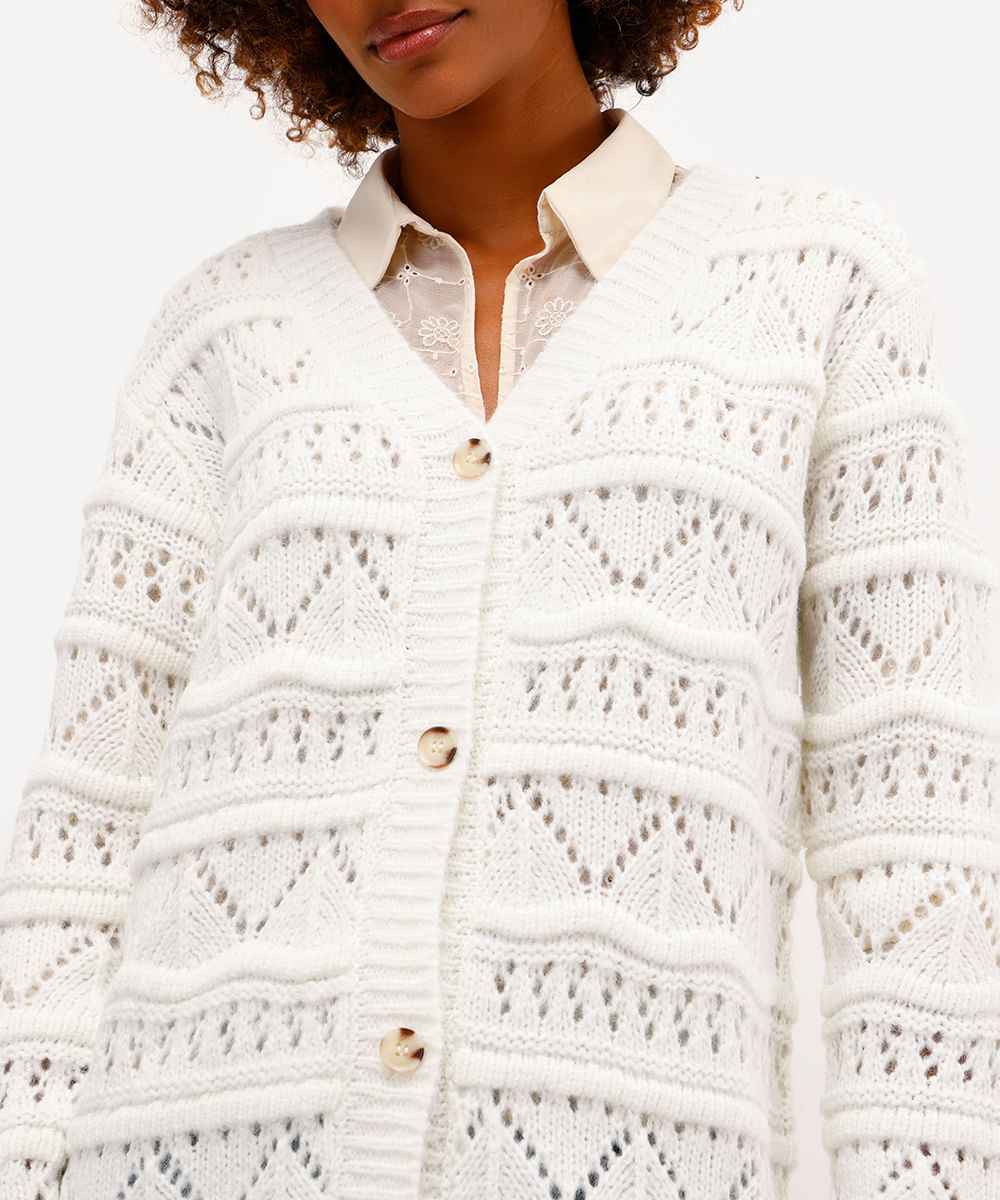 cardigan feminino de tricot texturizado off white