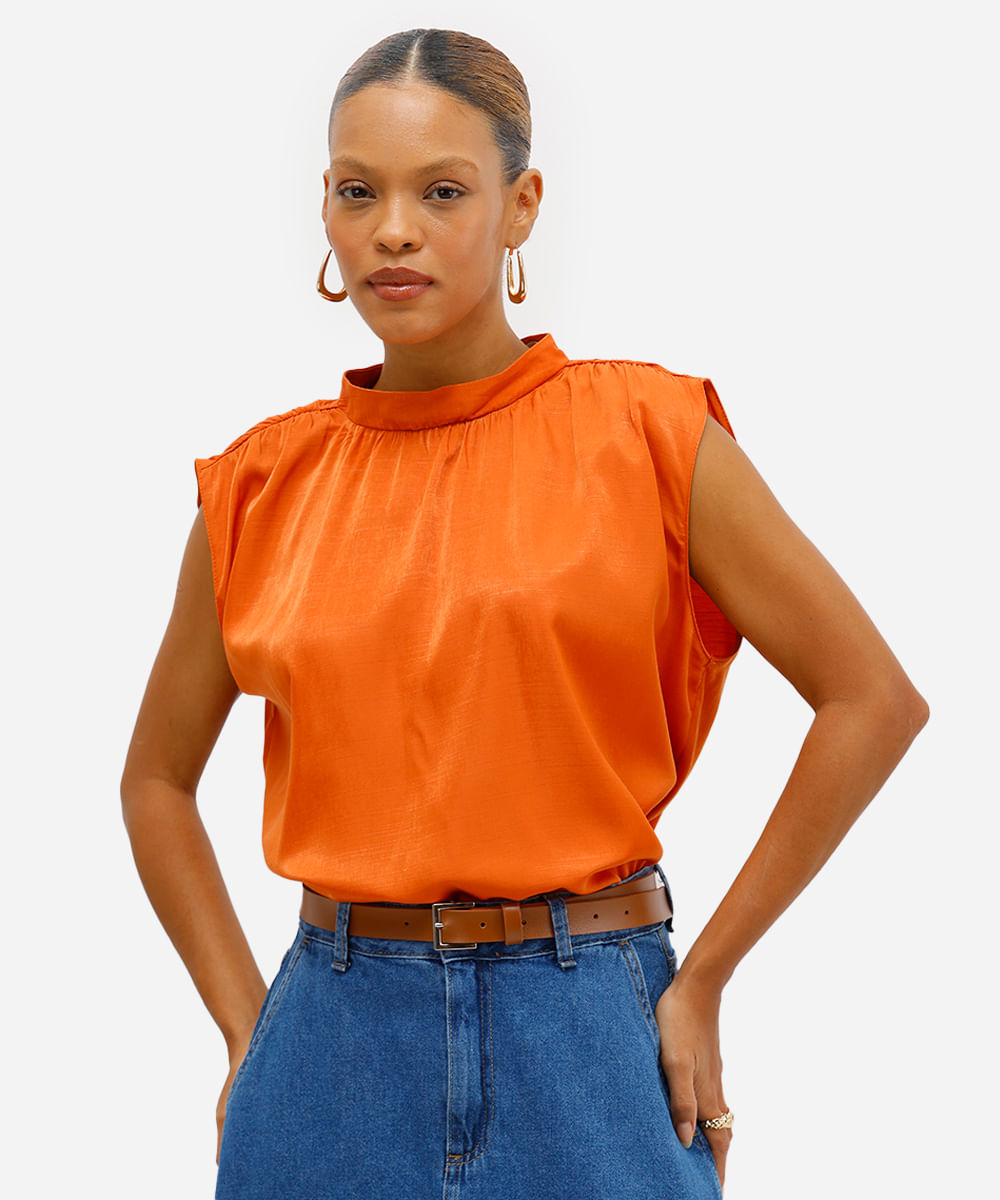 blusa feminina decote redondo franzida laranja