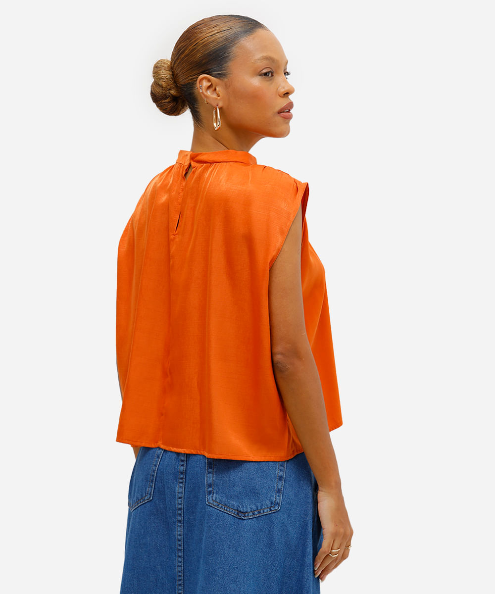 blusa feminina decote redondo franzida laranja