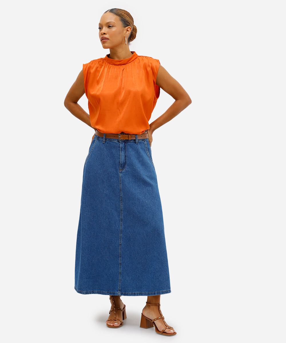 blusa feminina decote redondo franzida laranja