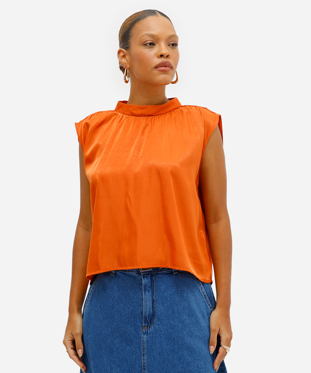blusa feminina decote redondo franzida laranja