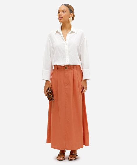 saia midi evasê feminina com linho laranja