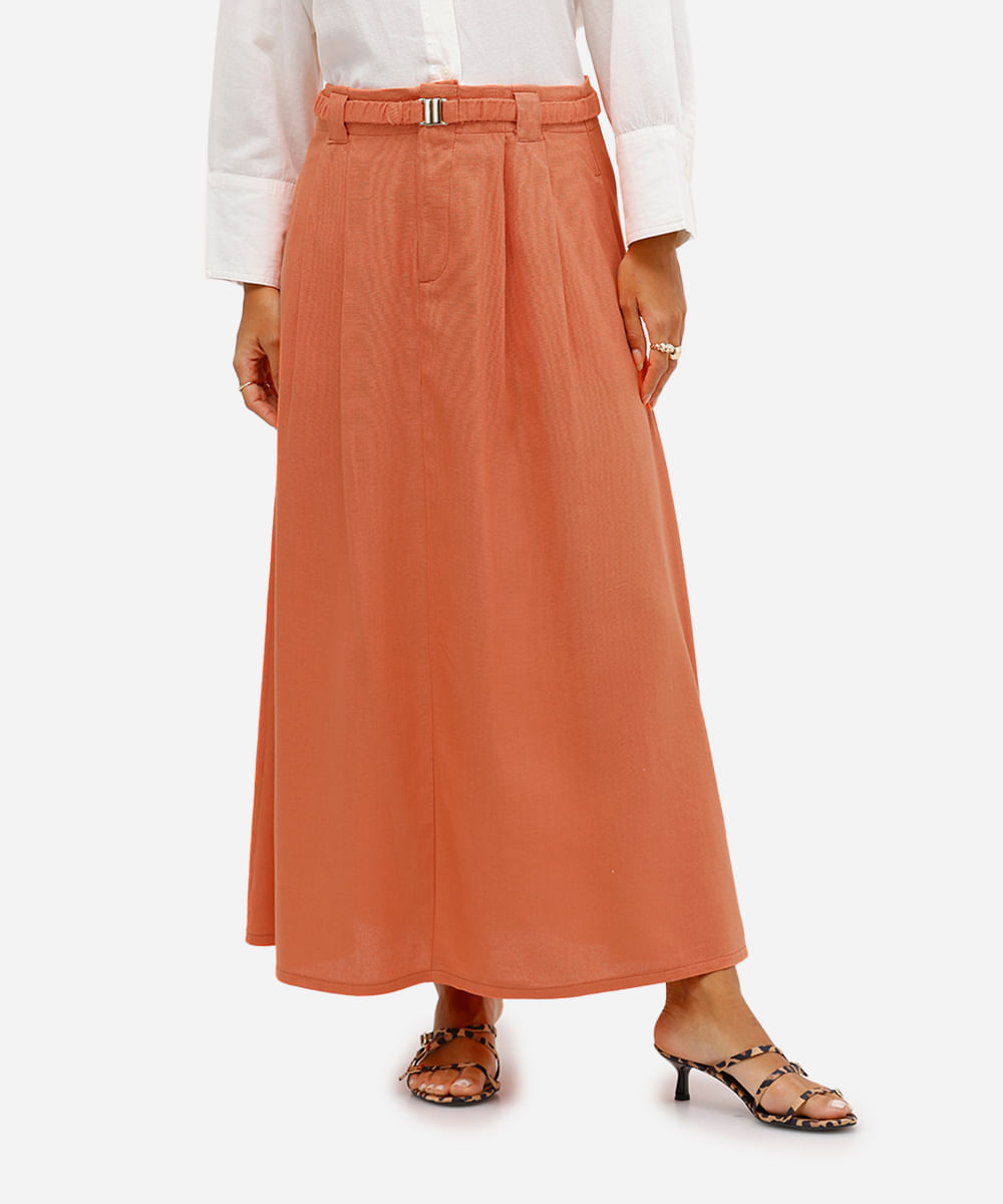 saia midi evasê feminina com linho laranja