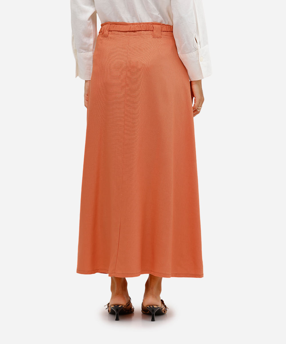 saia midi evasê feminina com linho laranja