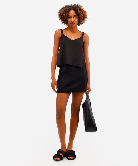 short saia feminino com linho cós elástico preto