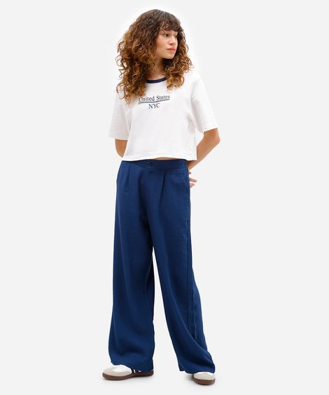 calça wide leg de viscose cintura alta com bolsos azul