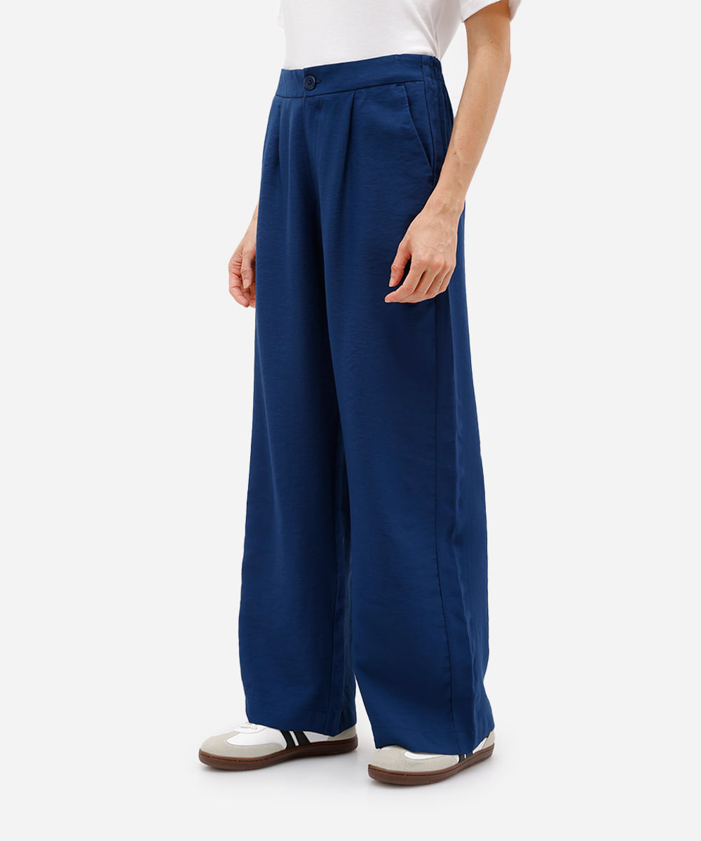 calça wide leg de viscose cintura alta com bolsos azul