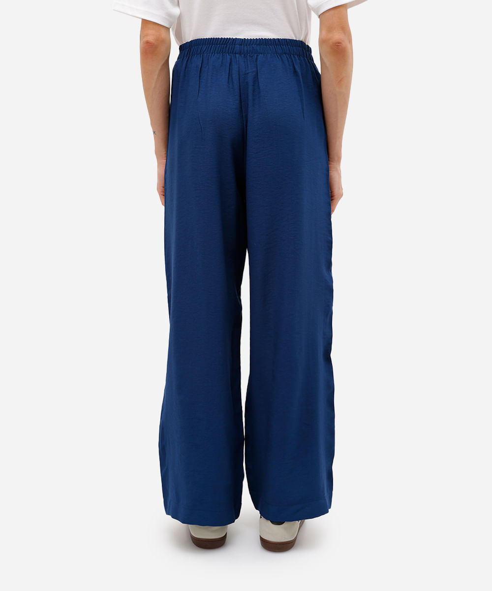 calça wide leg de viscose cintura alta com bolsos azul