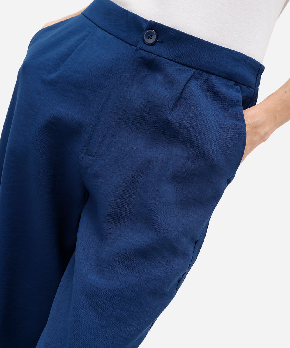 calça wide leg de viscose cintura alta com bolsos azul