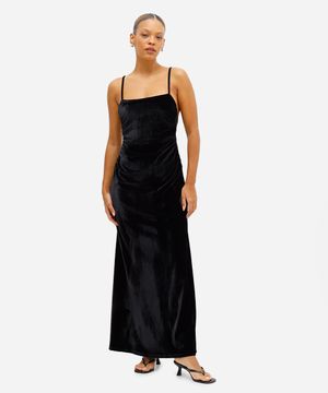 vestido longo feminino de veludo franzido preto