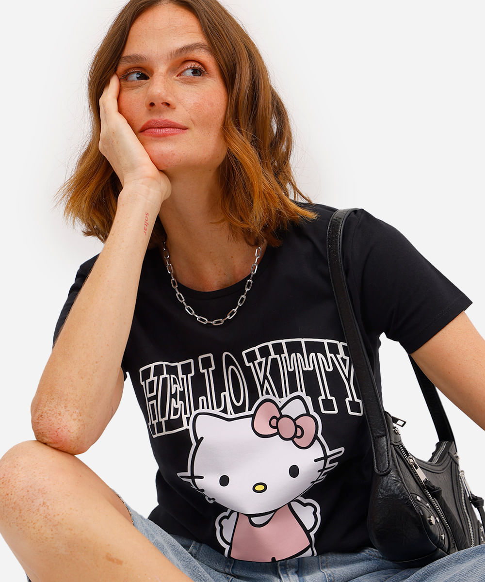 camiseta feminina de algodão hello kitty preta