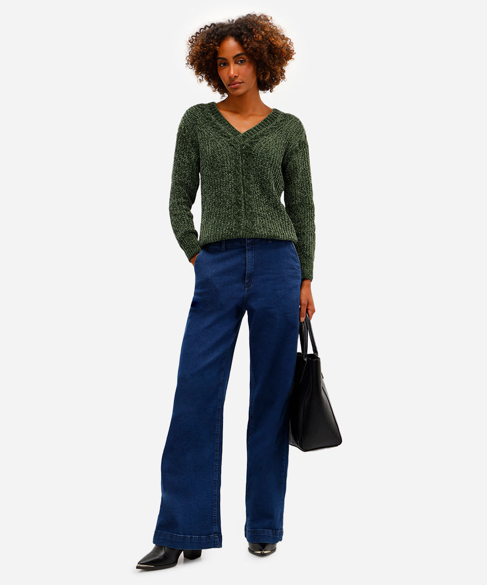 suéter feminino de tricot decote v verde