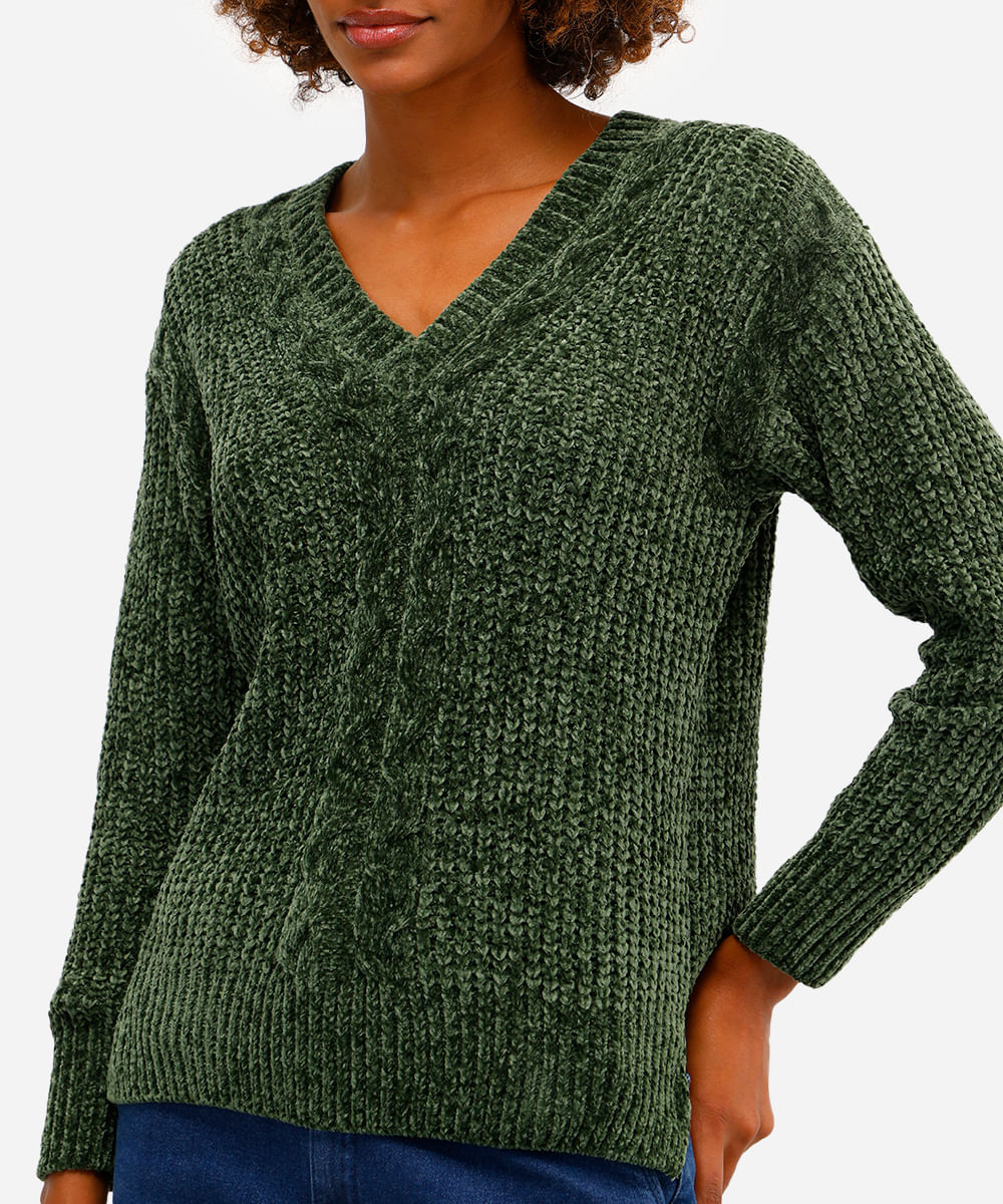 suéter feminino de tricot decote v verde