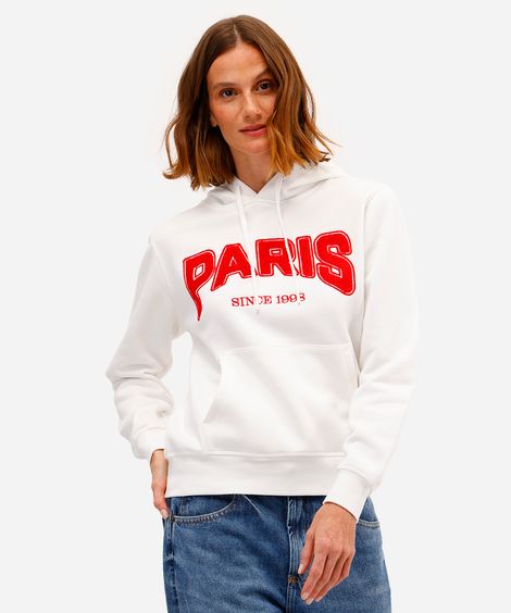 blusão feminino de moletom felpado bordado paris com capuz off white
