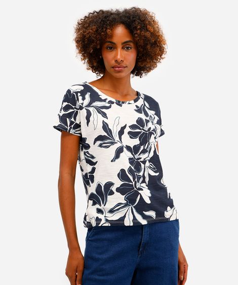 blusa feminina de algodão manga curta floral azul