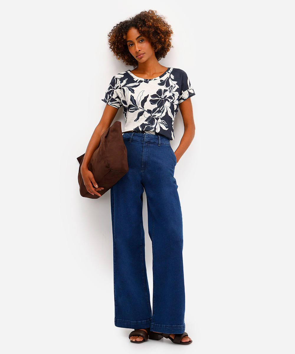 blusa feminina de algodão manga curta floral azul