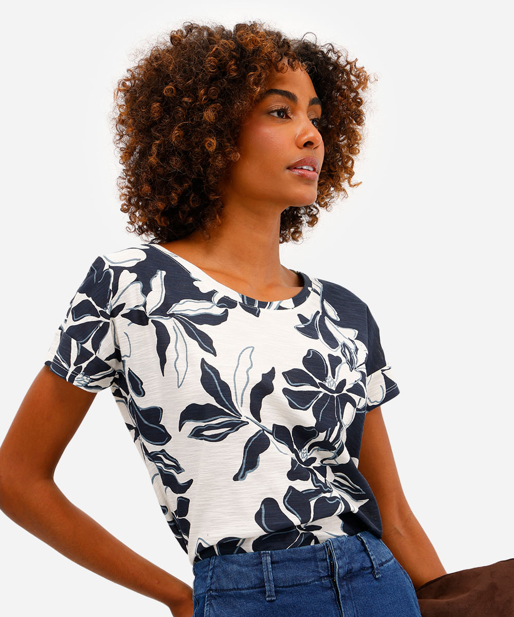 blusa feminina de algodão manga curta floral azul