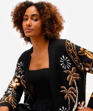 cardigan feminino de tricot folhagens preto
