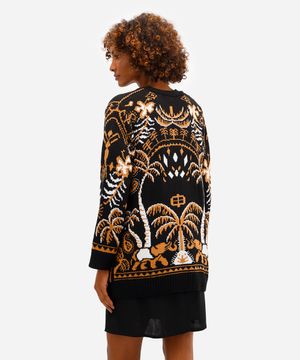 cardigan feminino de tricot folhagens preto