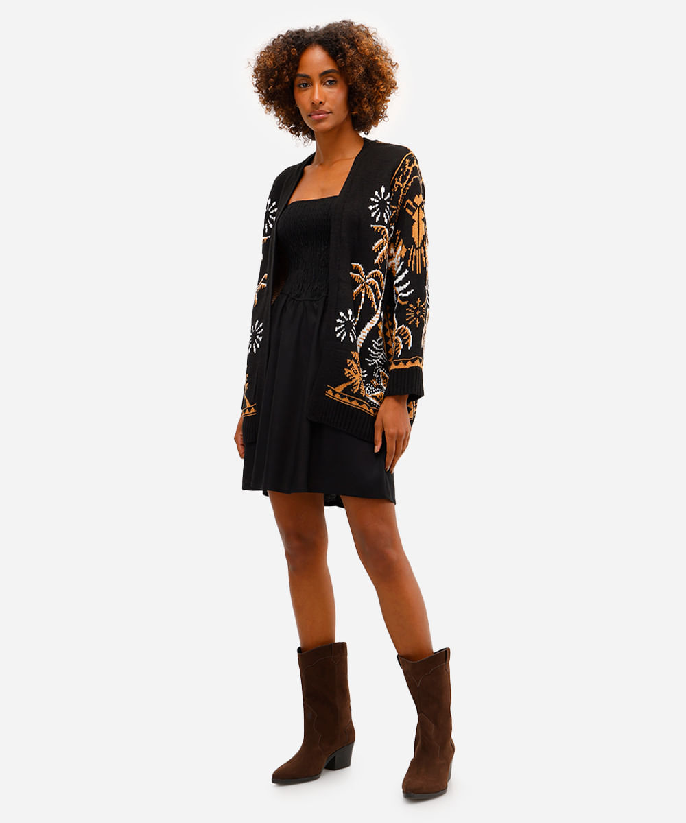 cardigan feminino de tricot folhagens preto