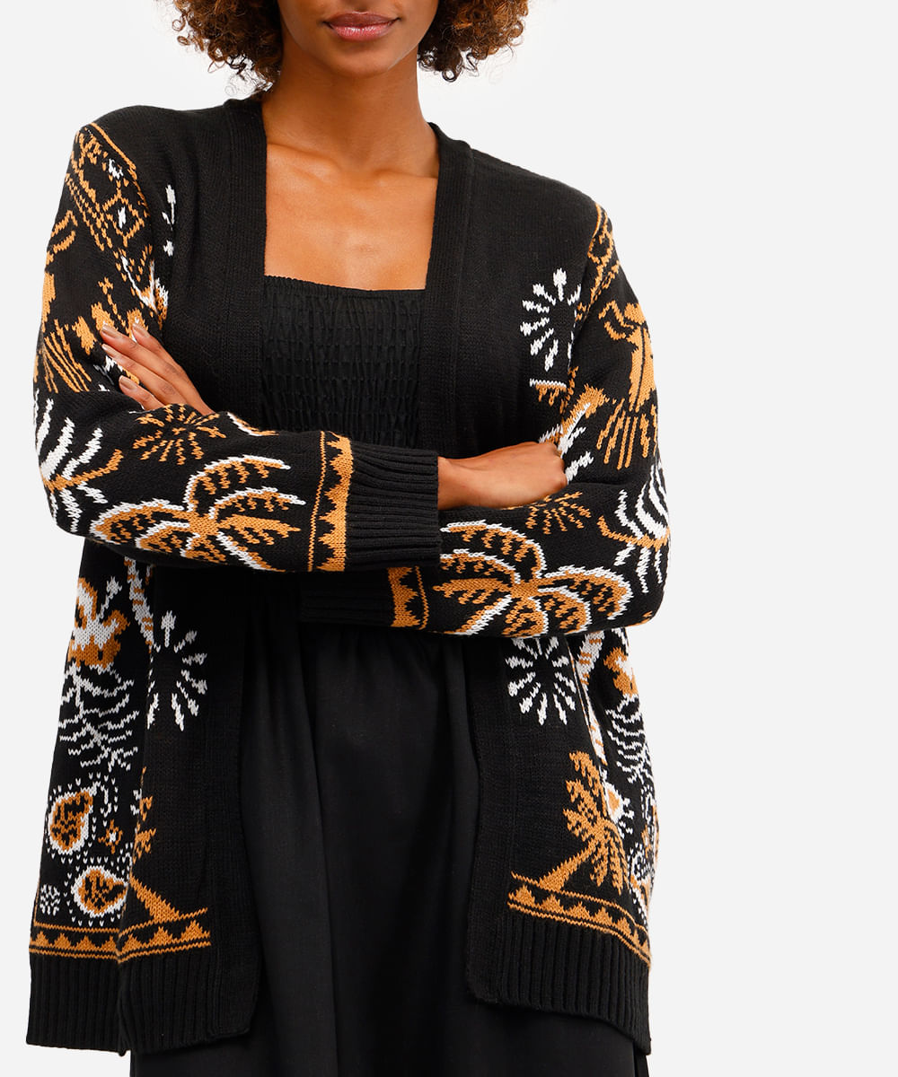 cardigan feminino de tricot folhagens preto