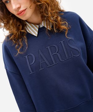 blusão feminino de moletom felpado bordado paris azul