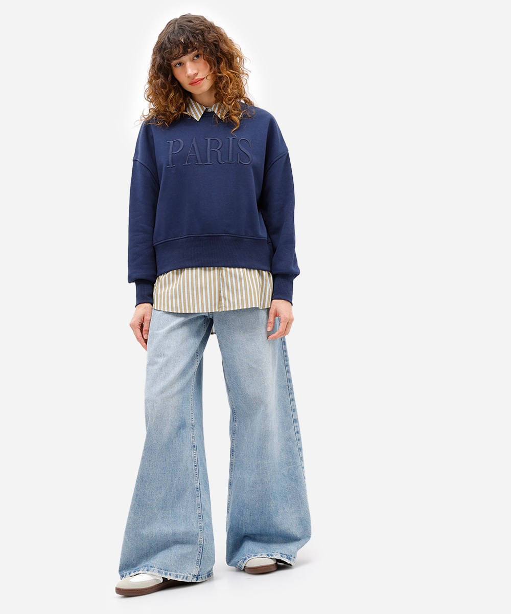 blusão feminino de moletom felpado bordado paris azul