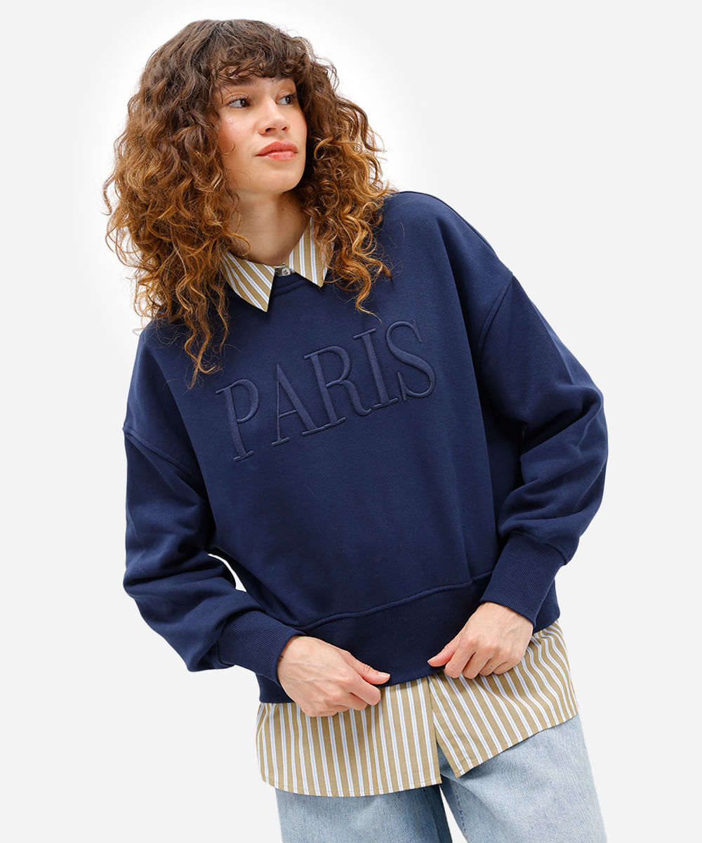 blusão feminino de moletom felpado bordado paris azul