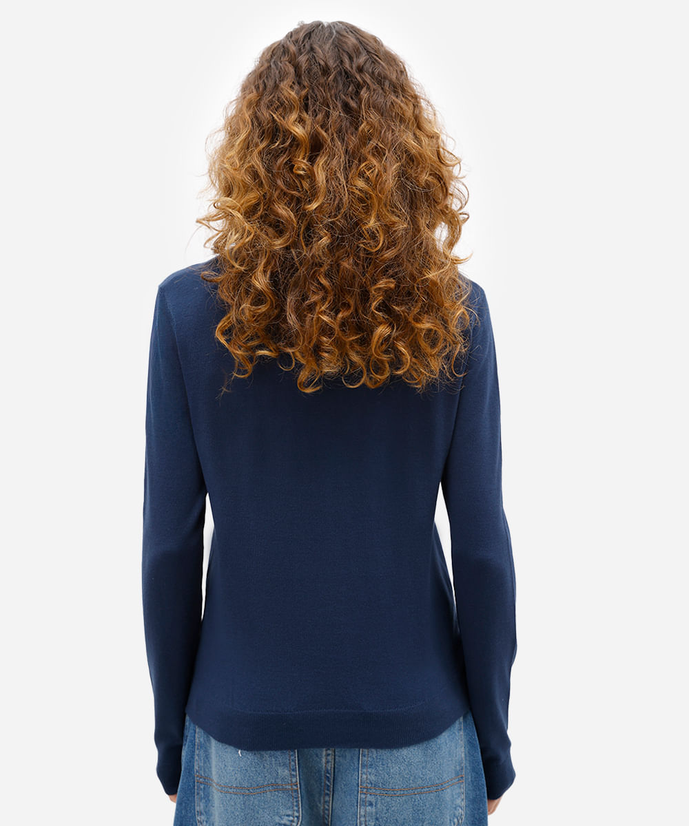 polo feminina de tricot manga longa azul
